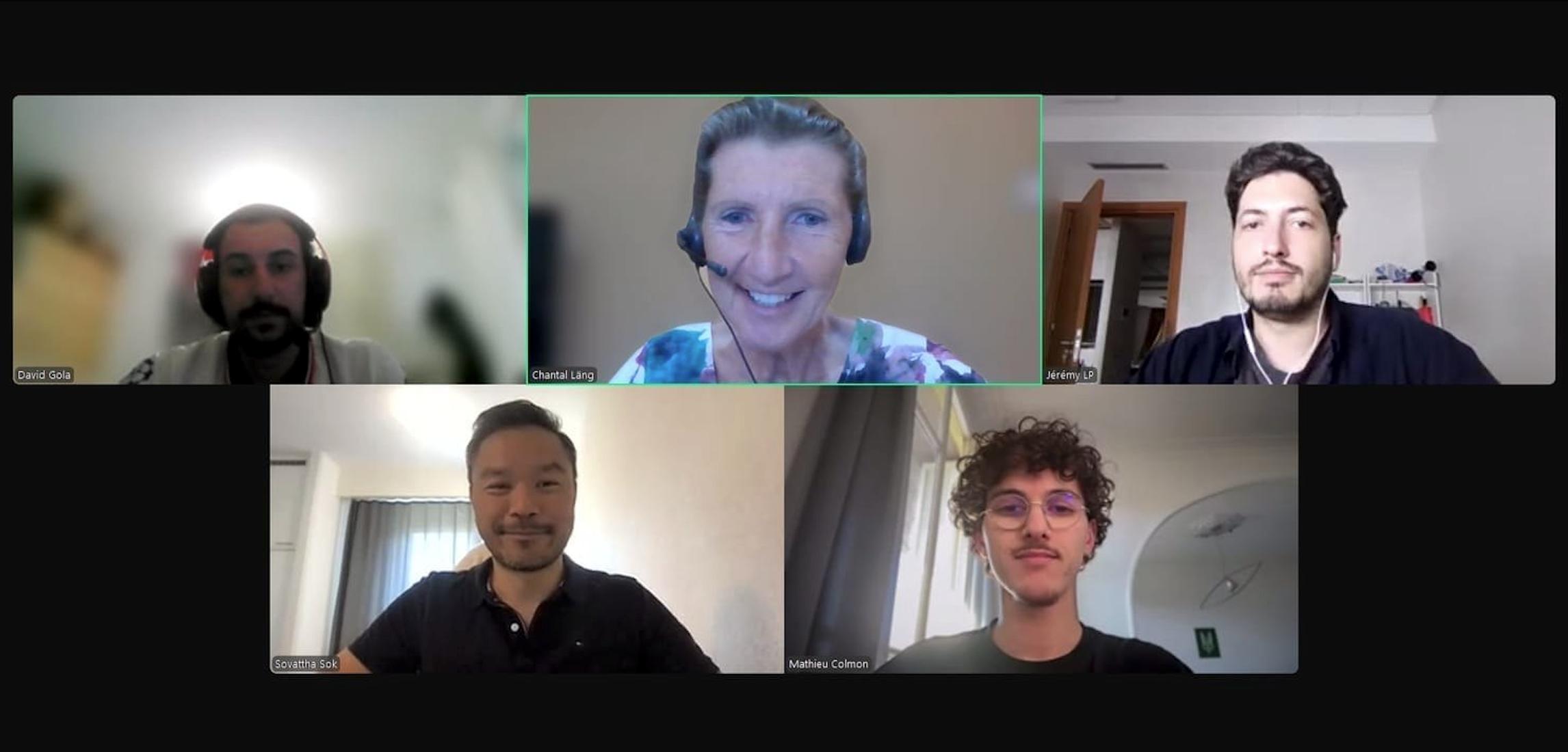 The CryptoScores team on a video call — Chantal Läng with Sovattha Sok, Mathieu Colmon, Jérémy Le Prunenec, and David Gola